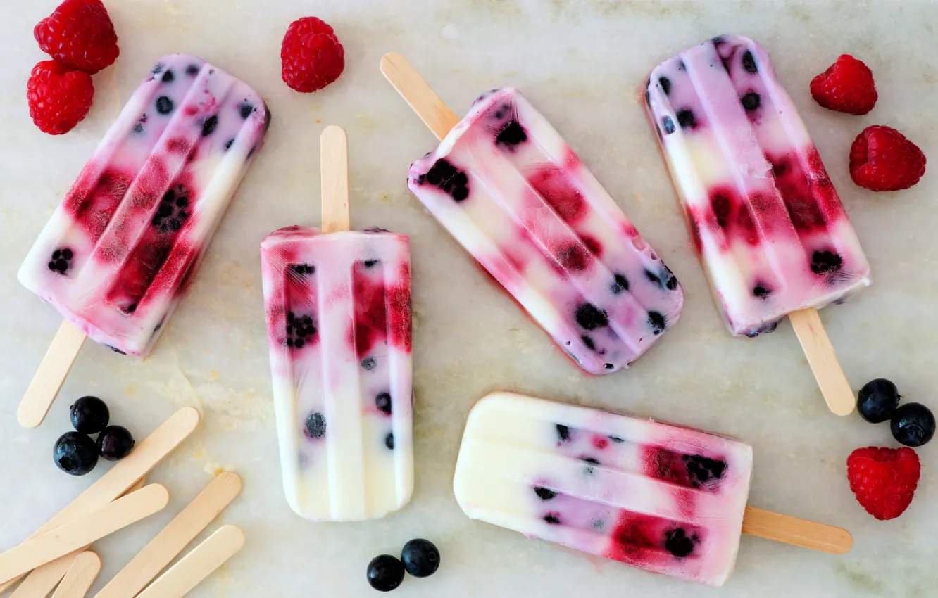 Photo wallpaper raspberry, blueberries, dessert, ice cream, berry ice cream