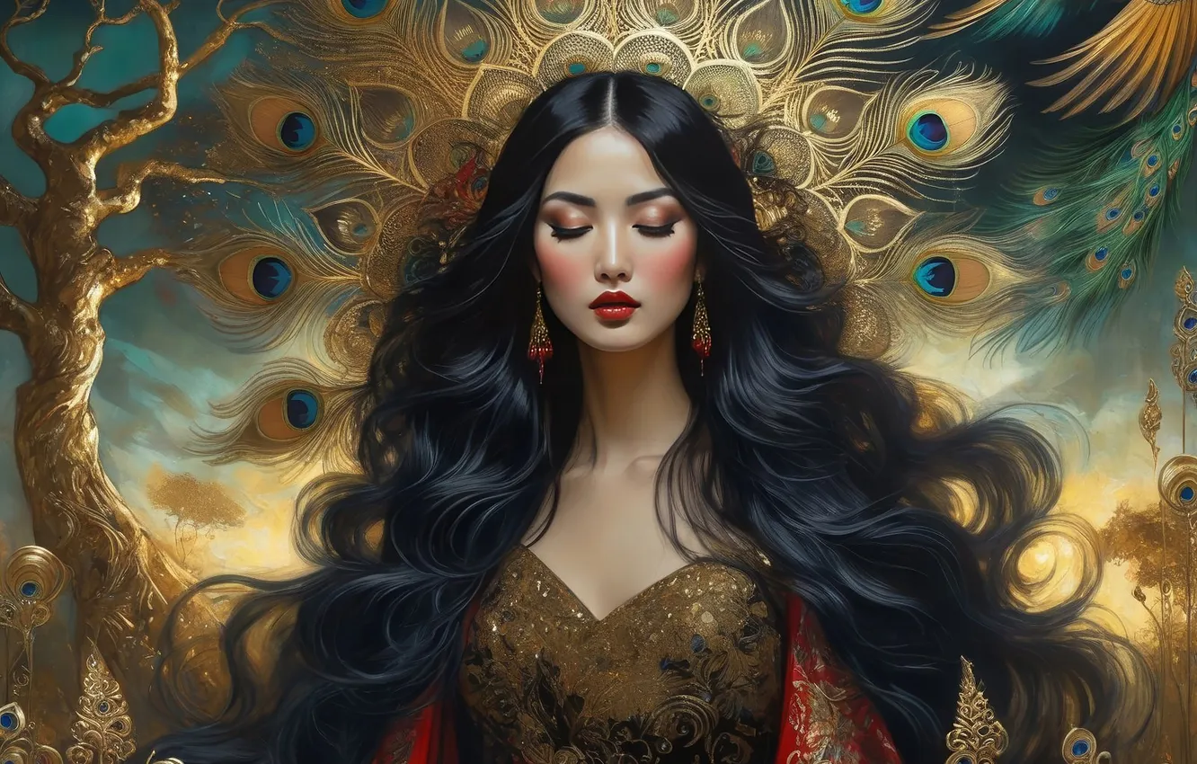 Photo wallpaper the sky, girl, light, decoration, trees, pose, earrings, feathers