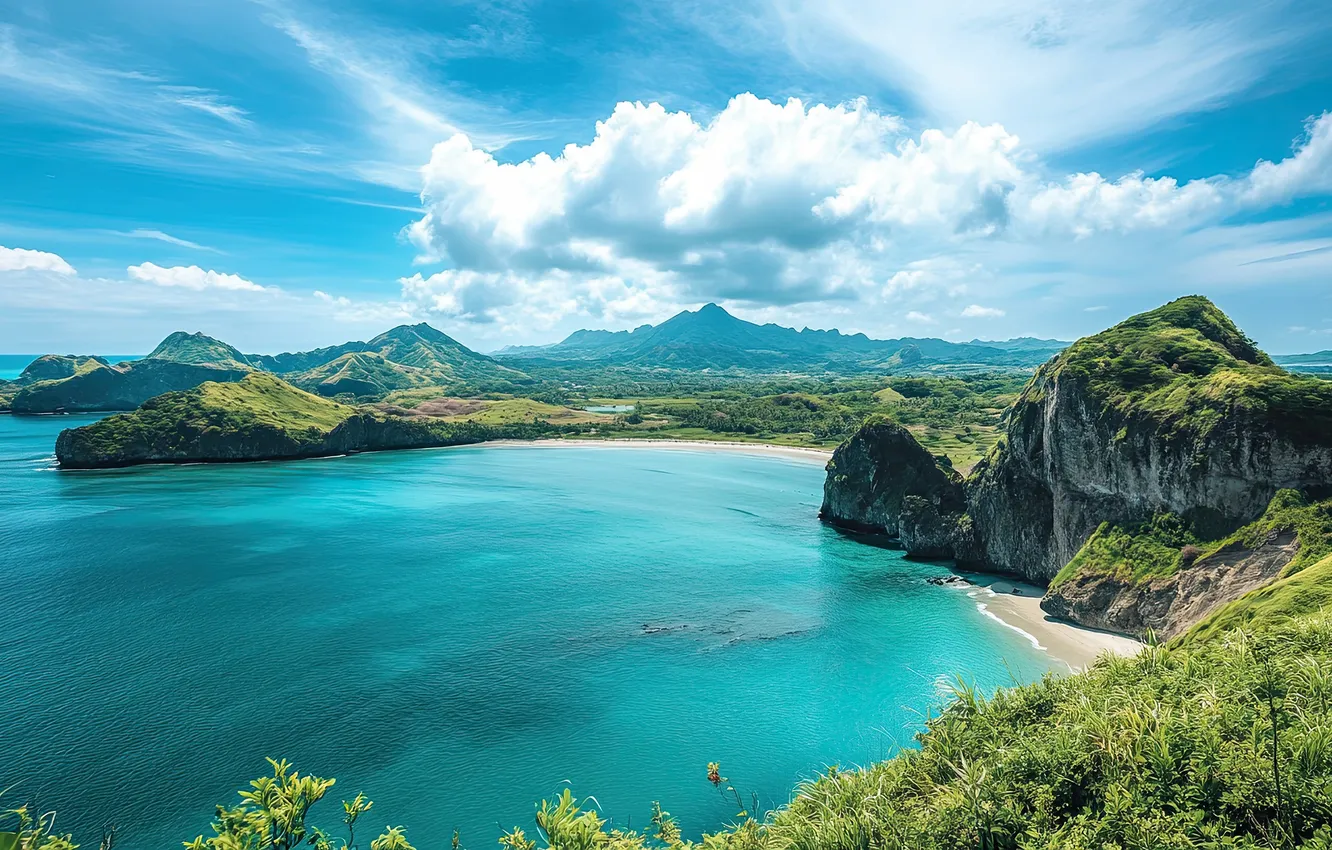 Photo wallpaper sea, beach, the sky, clouds, mountains, tropics, blue, the ocean