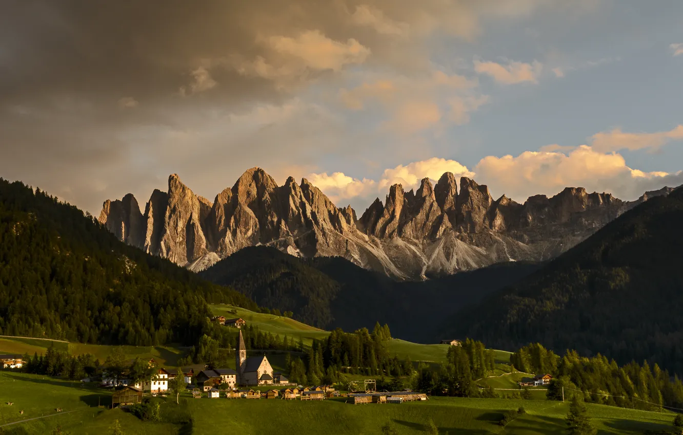 Photo wallpaper field, clouds, village, Italy, The Dolomites, Baroque, Church Of St. Magdalena, the trees of the …