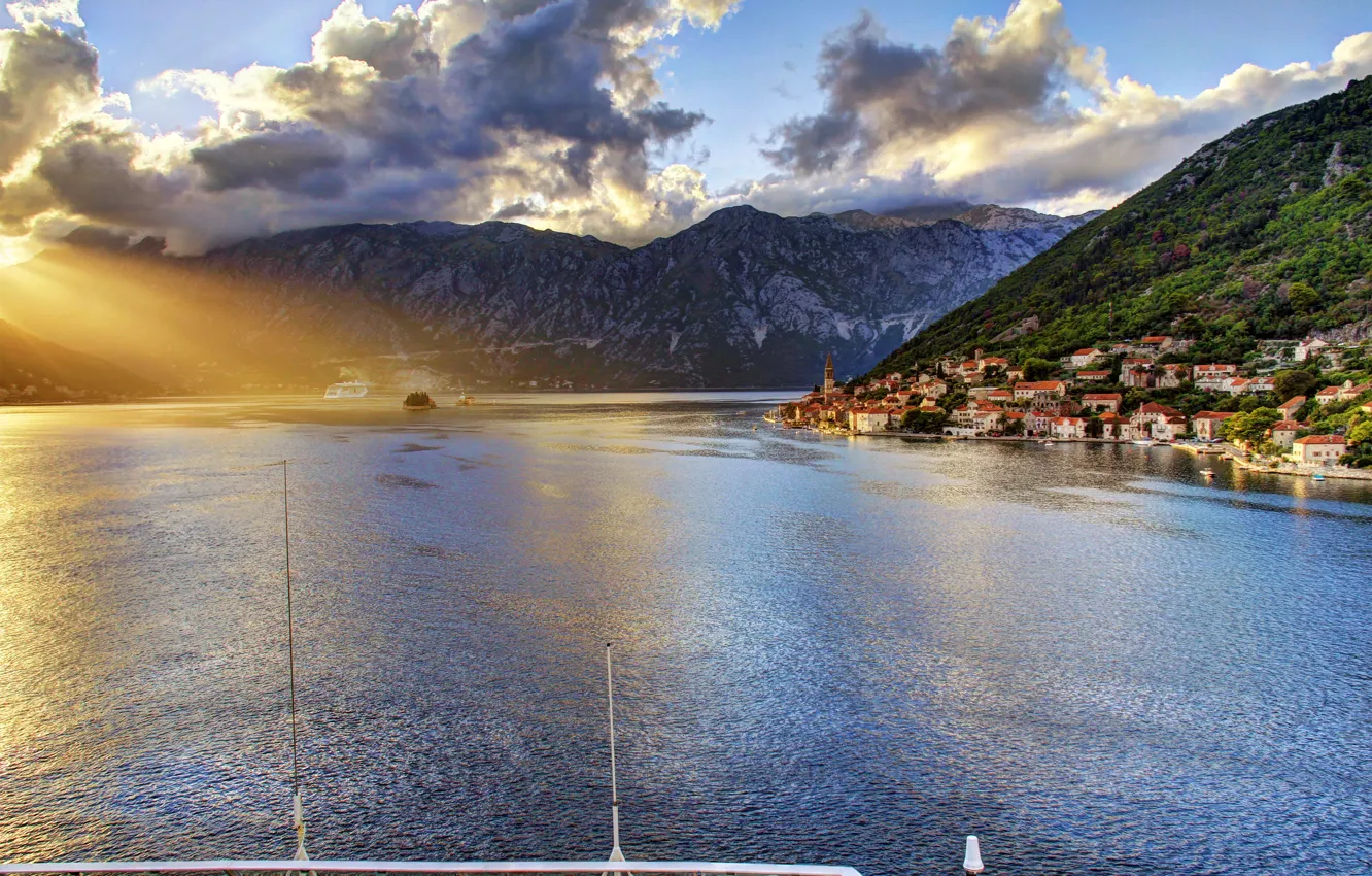 Photo wallpaper sea, clouds, mountains, coast, home, the rays of the sun, Montenegro, To