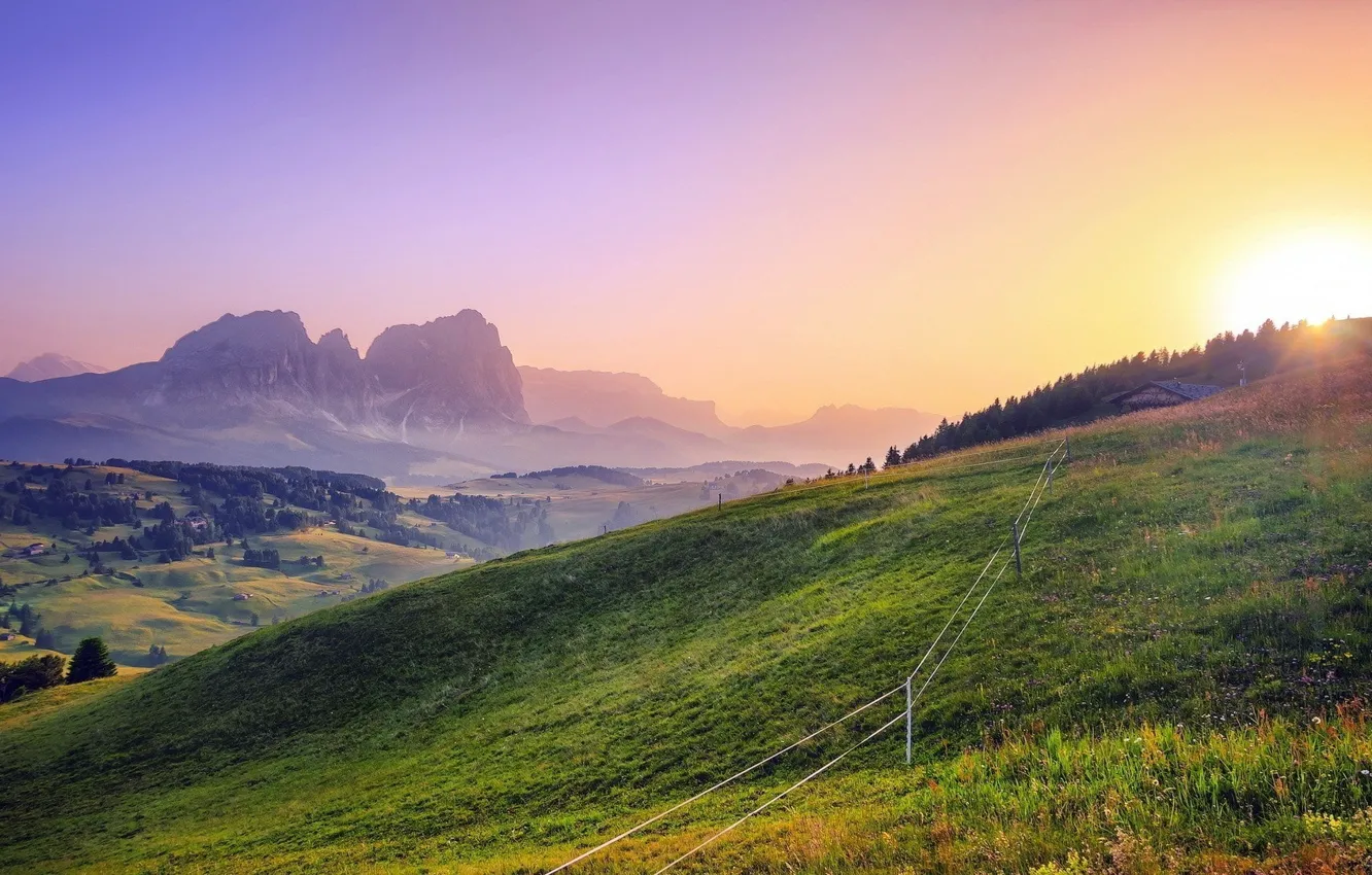 Photo wallpaper grass, mountains, sunlight, view, fabulous scenery