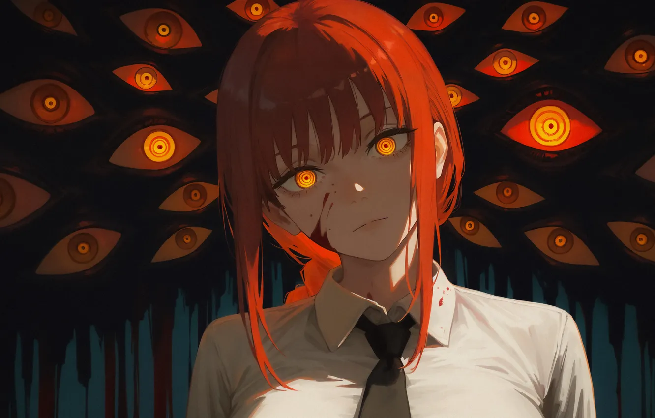 Photo wallpaper red, red eyes, blood, burning eyes, crazy eyes, blood on the face, Chainsaw Man, Makima
