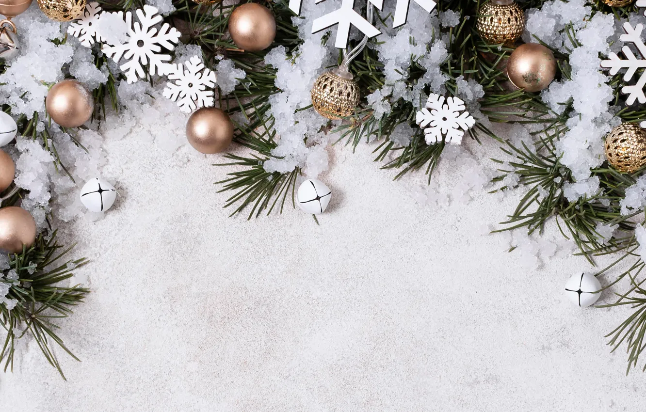Photo wallpaper balls, snow, snowflakes, branches, Christmas, New year