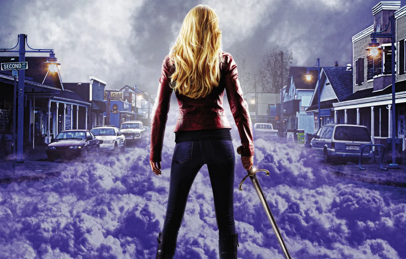 Photo wallpaper machine, purple, girl, clouds, the city, fog, sword, blonde