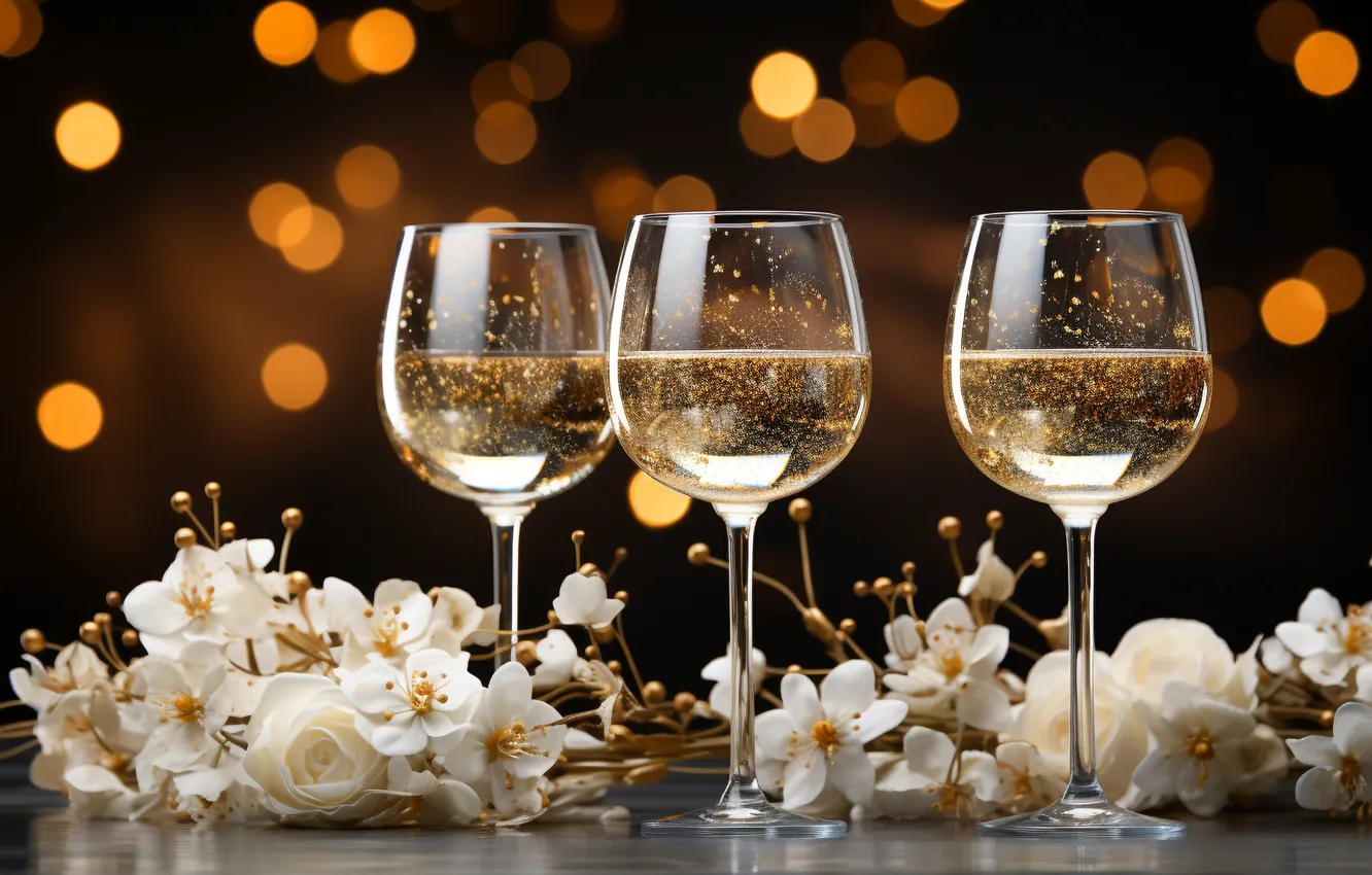 Photo wallpaper holiday, wine, glass, new year, Christmas, alcohol, champagne, bokeh