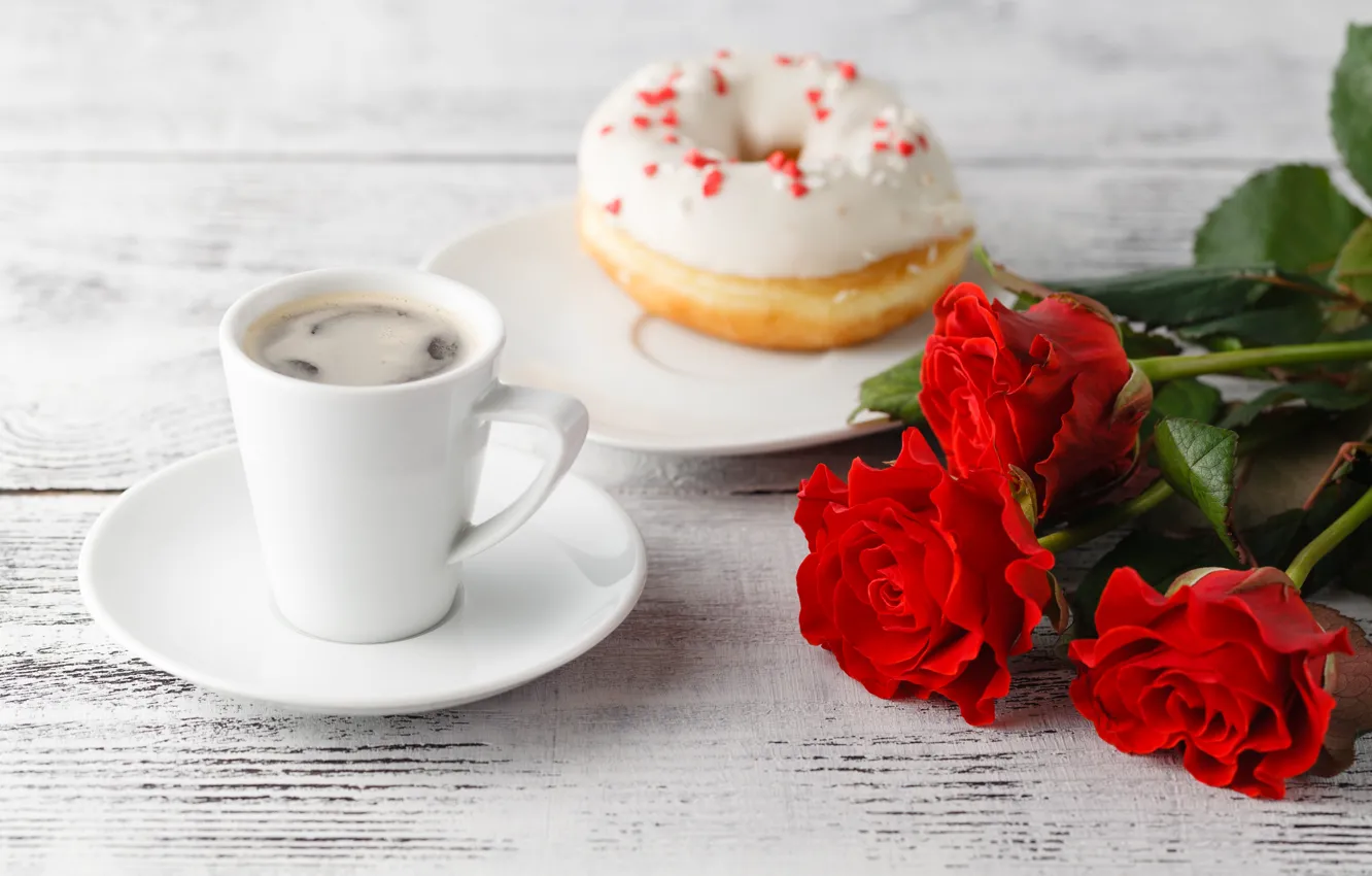 Photo wallpaper coffee, roses, bouquet, Cup, Andrey Cherkasov
