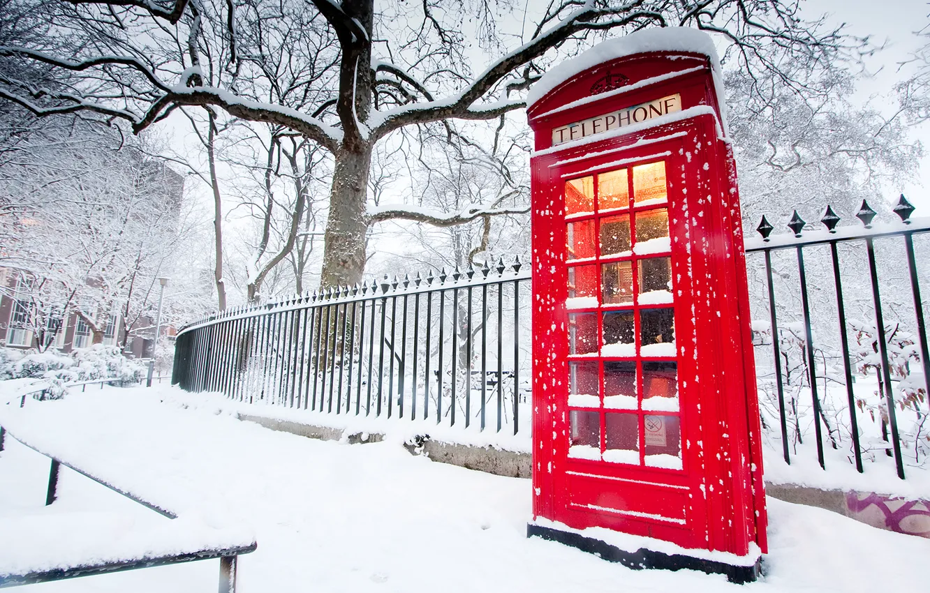 Photo wallpaper winter, red, the fence, phone booth