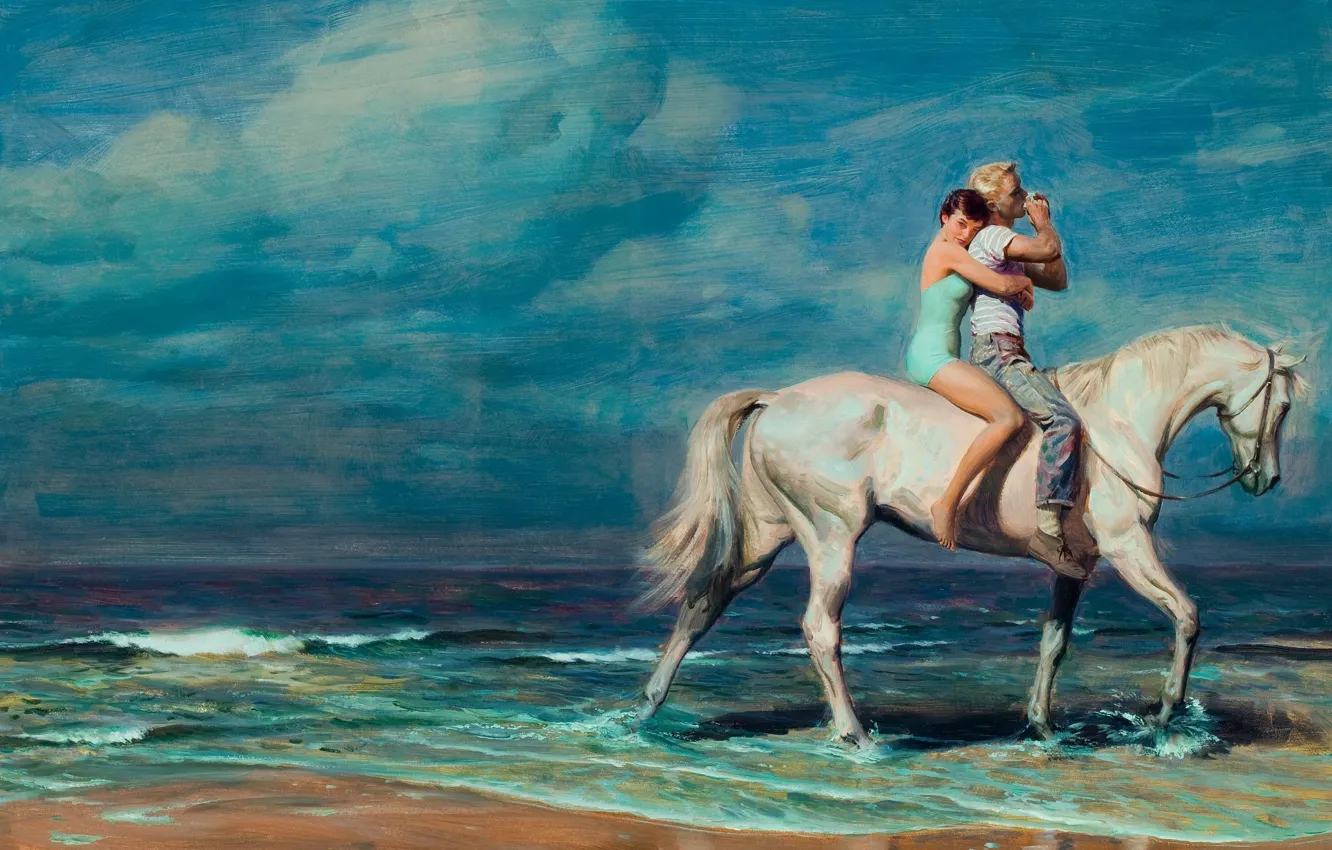 Photo wallpaper water, horse, shore, woman, male, two, Tom Lovell