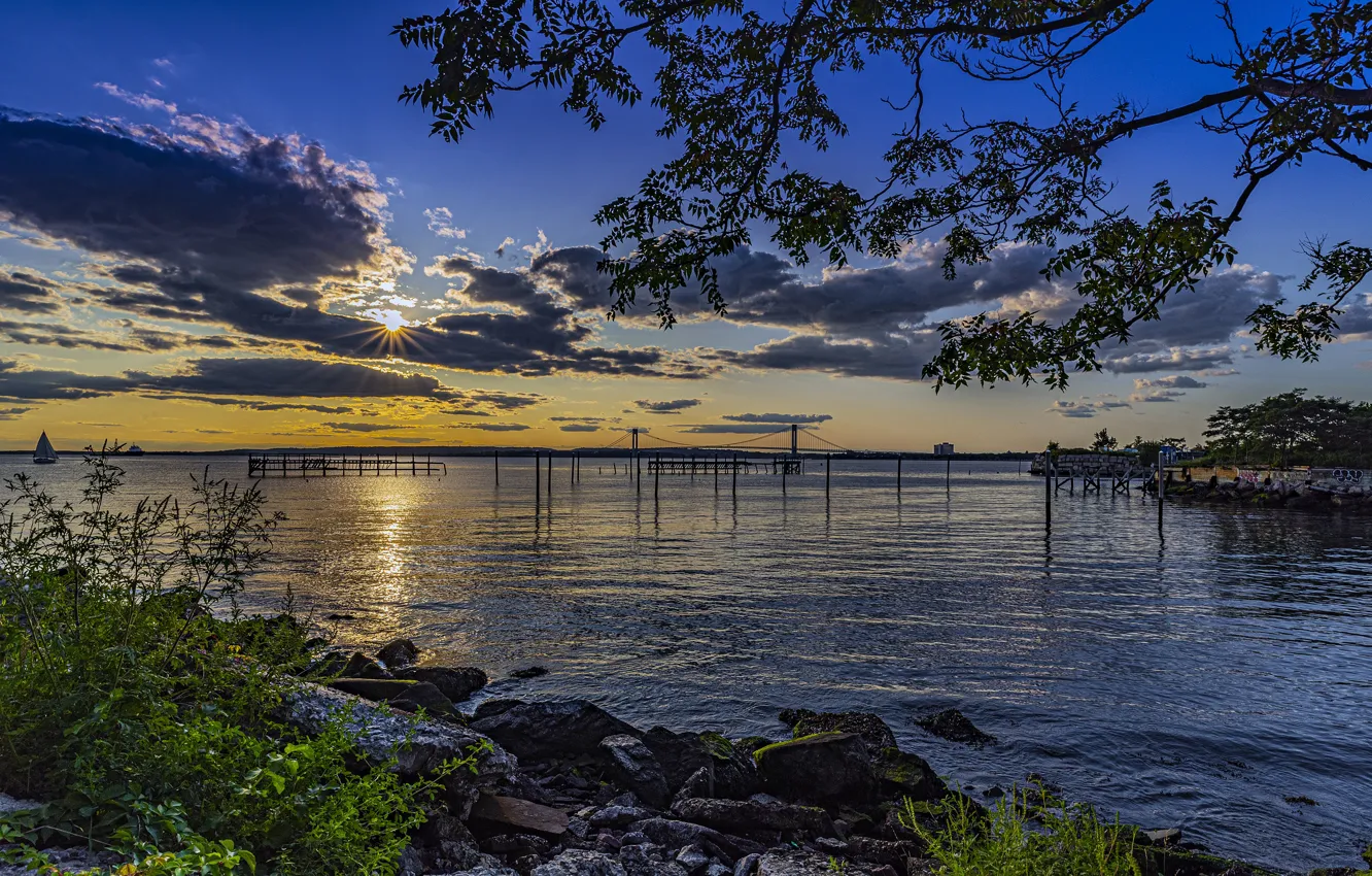 Photo wallpaper sunset, photo, dawn, shore, Bay, USA, Bruklen, Parks Calvert Vaux