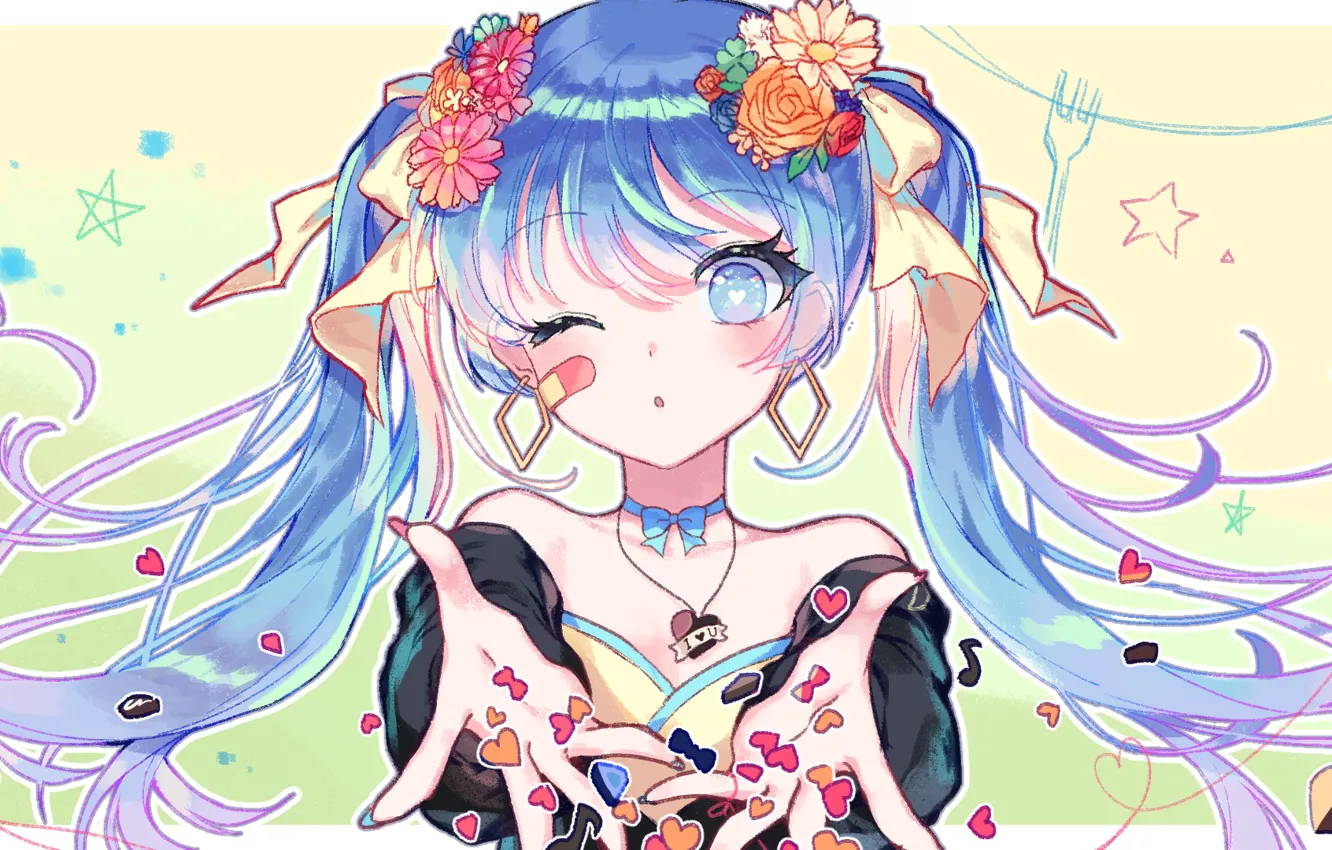 Photo wallpaper flowers, roses, hearts, plug, stars, Vocaloid, Hatsune Miku