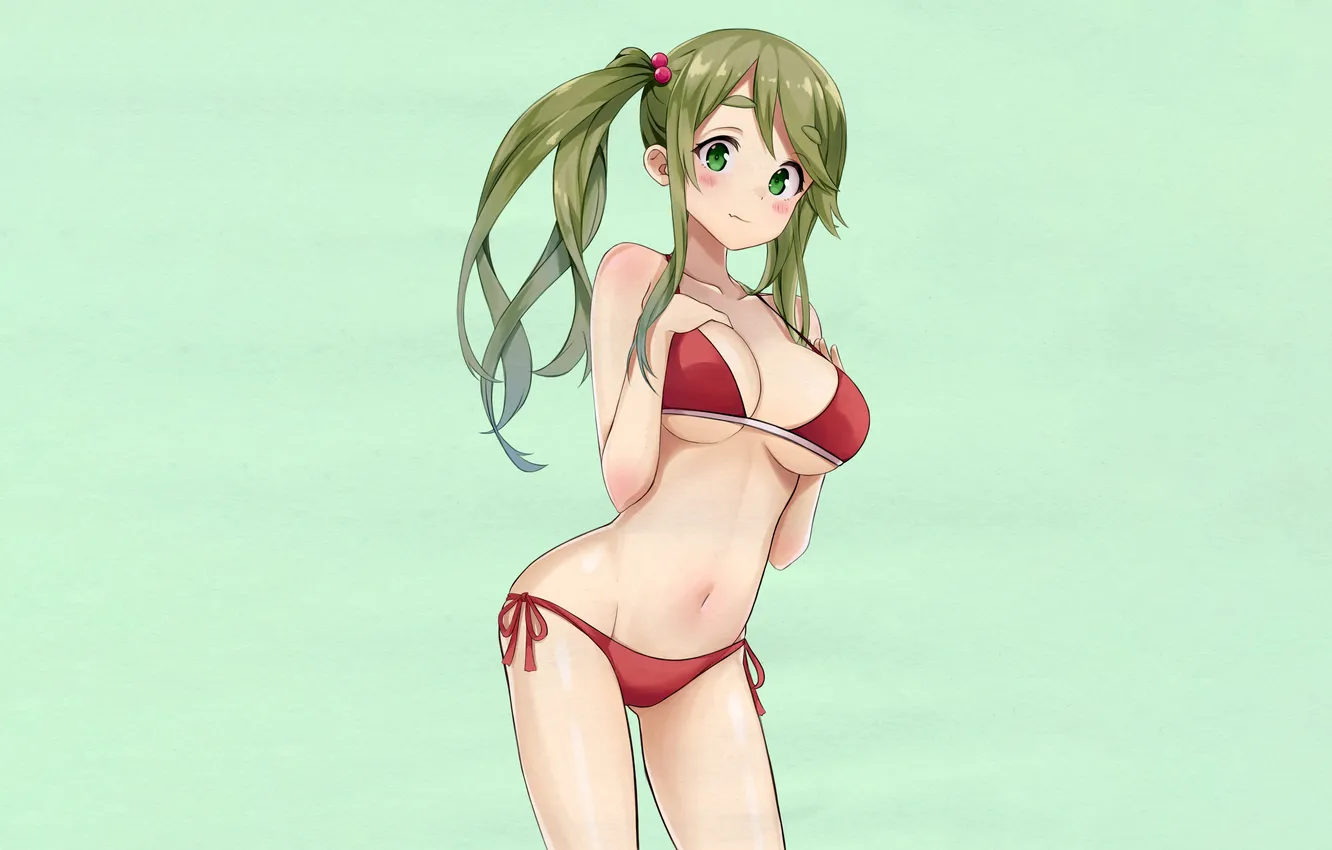 Photo wallpaper girl, sexy, cleavage, green eyes, long hair, boobs, anime, beautiful