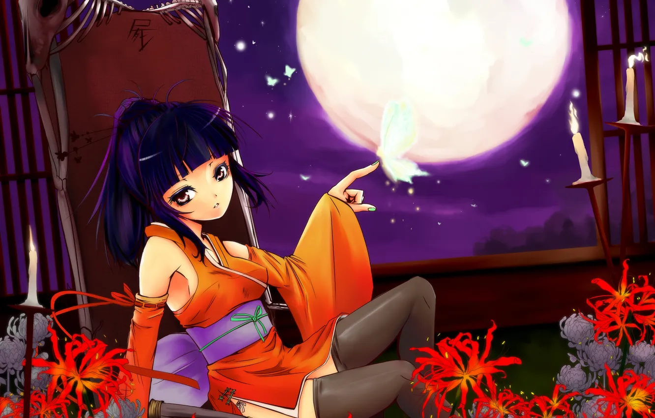 Photo wallpaper flowers, night, the moon, butterfly, chair, candles, art, girl
