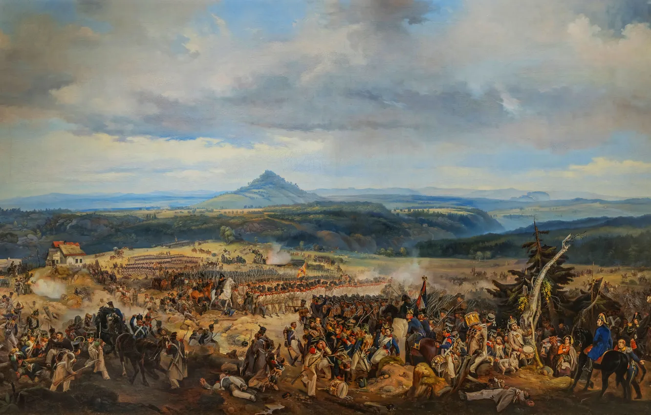 Photo wallpaper picture, battle, soldiers, Russian painter, Alexander Shvabe, The Battle of Gishuebel on August 16, 1813, …