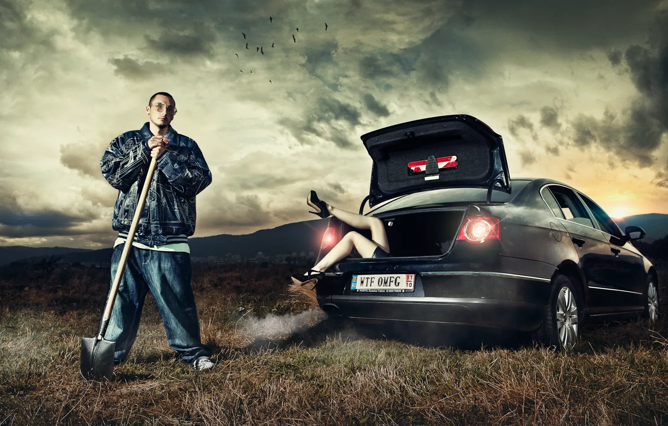Photo wallpaper girl, man, cars, shovel, Daniel Ilinca