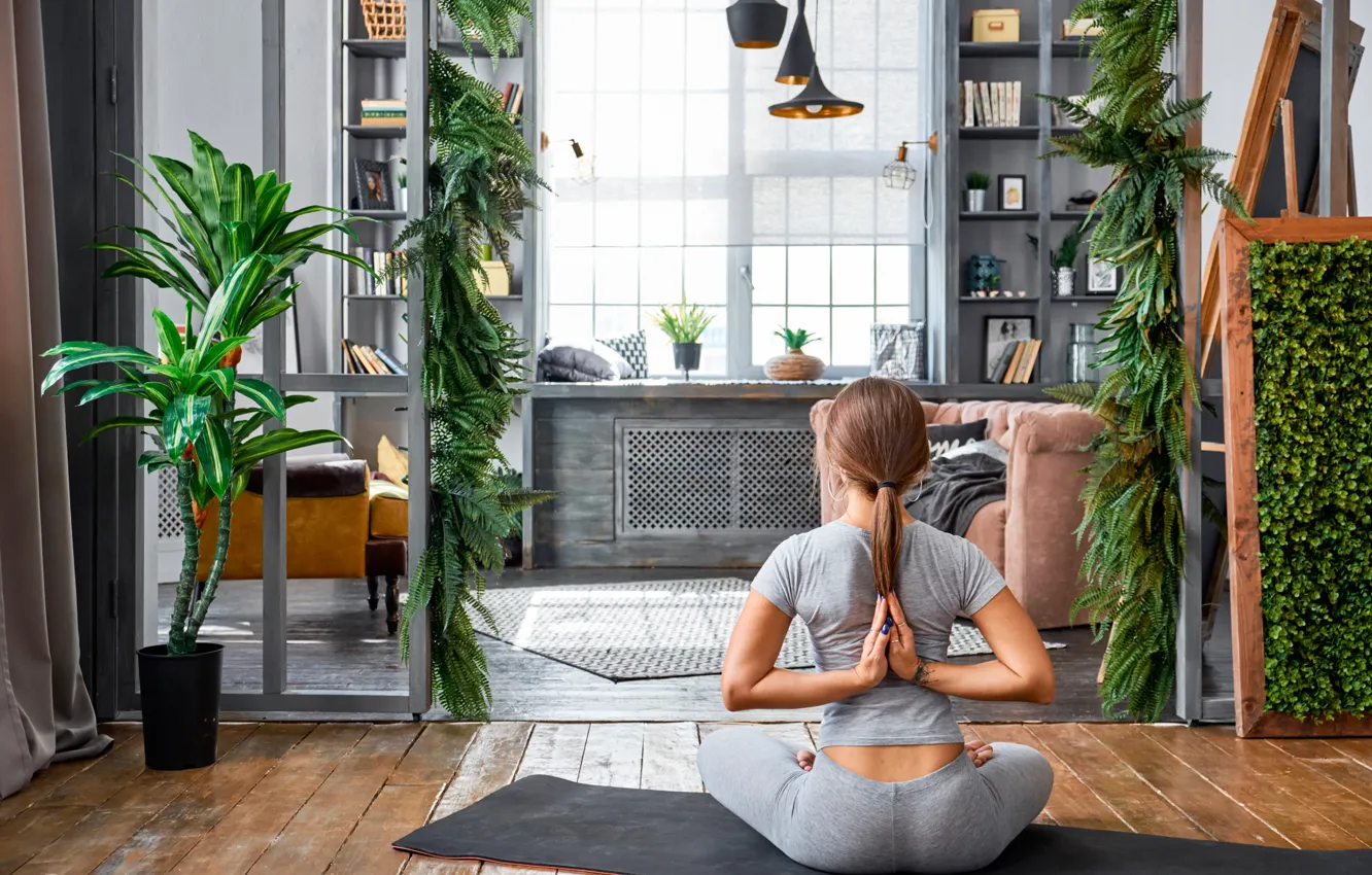 Photo wallpaper girl, pose, room, interior, plants, figure, hairstyle, yoga