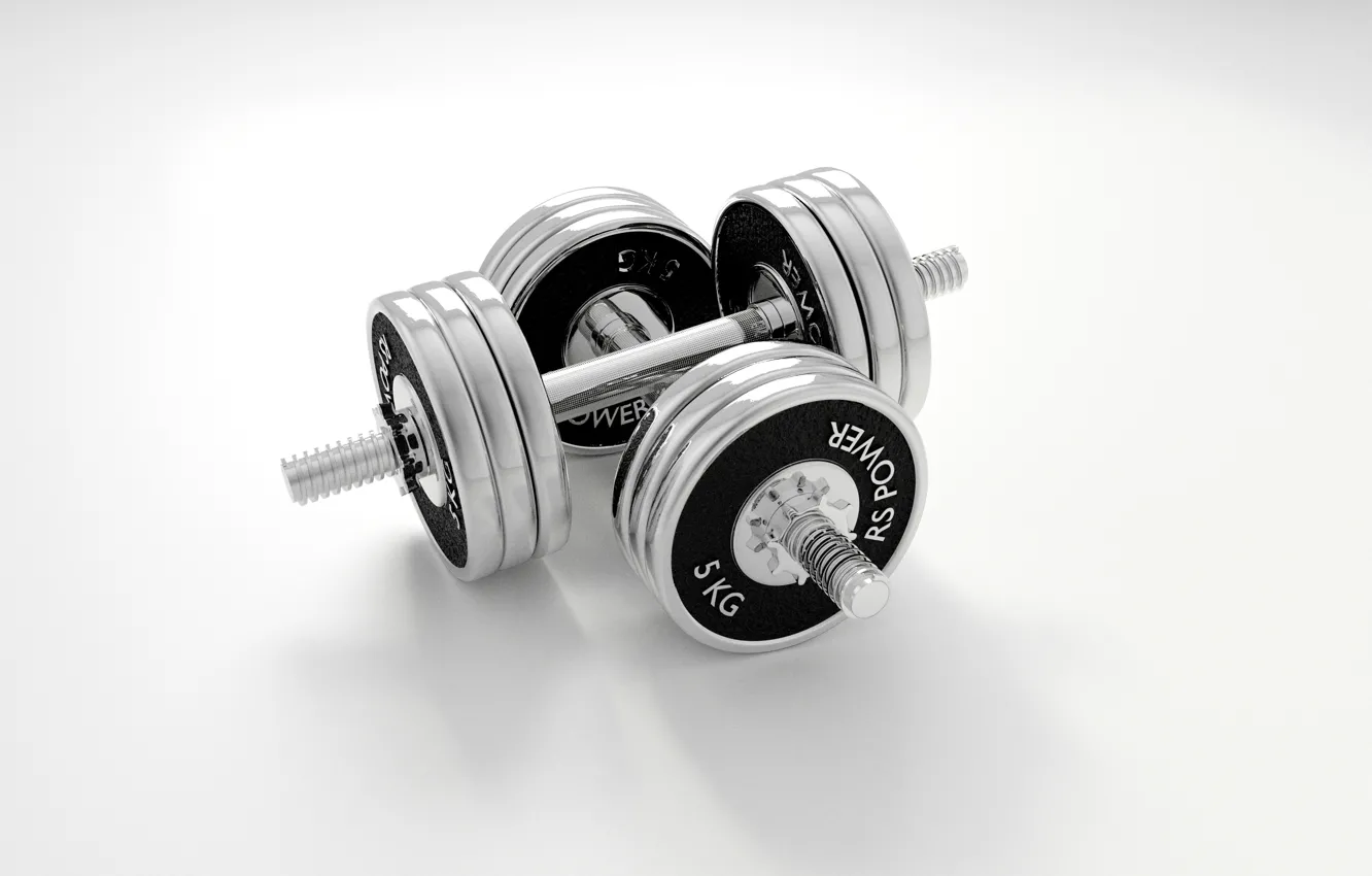 Photo wallpaper sport, light, chrome, dumbbells, dumbbells on the floor