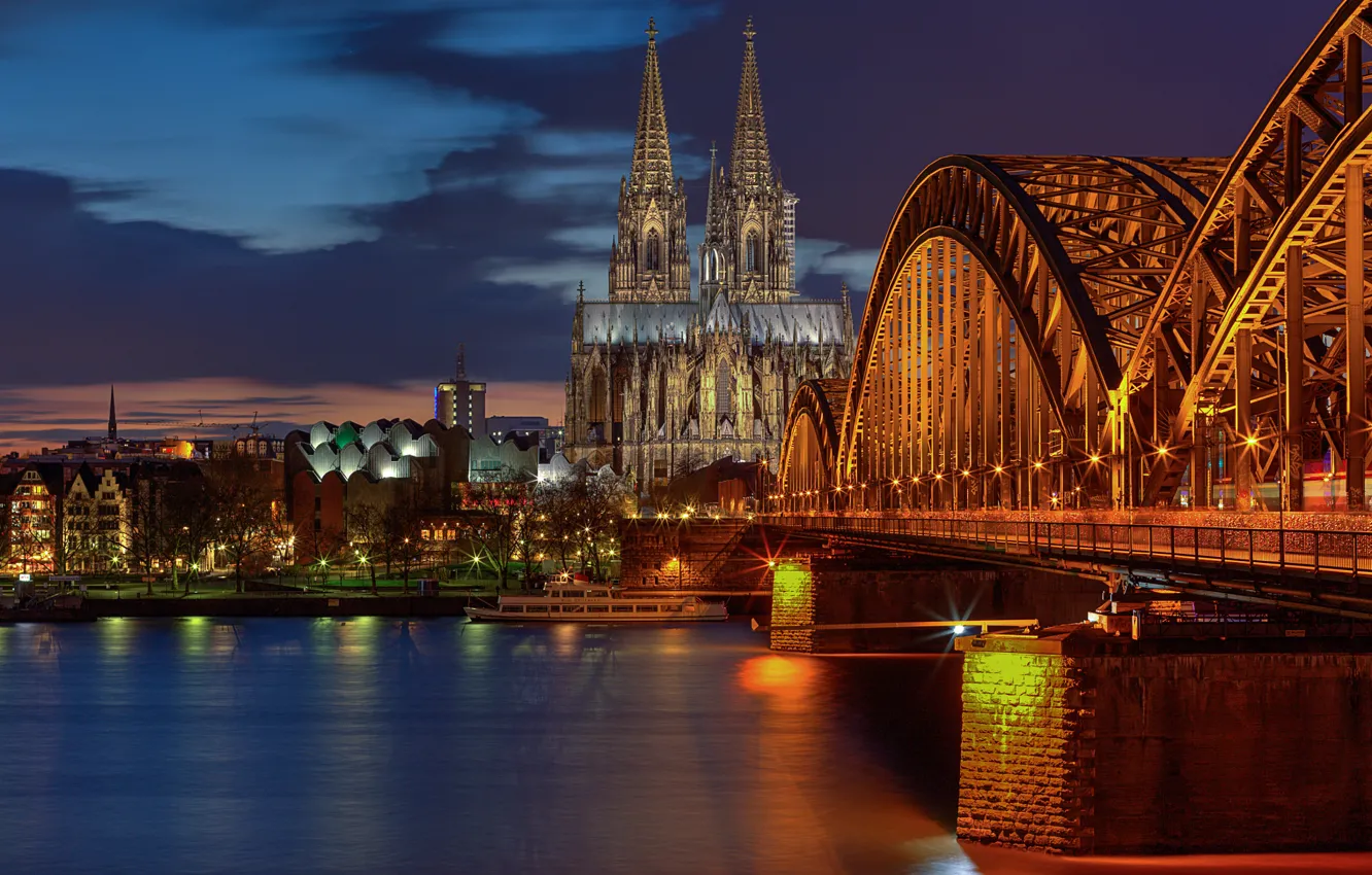 Photo wallpaper light, bridge, the city, lights, the evening, excerpt, Germany, Cologne Cathedral