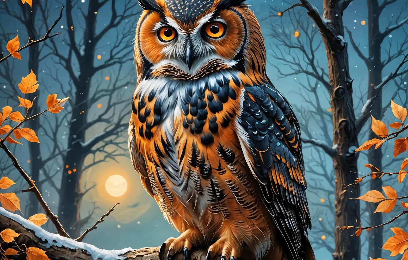 Photo wallpaper autumn, forest, look, leaves, trees, night, owl, bird