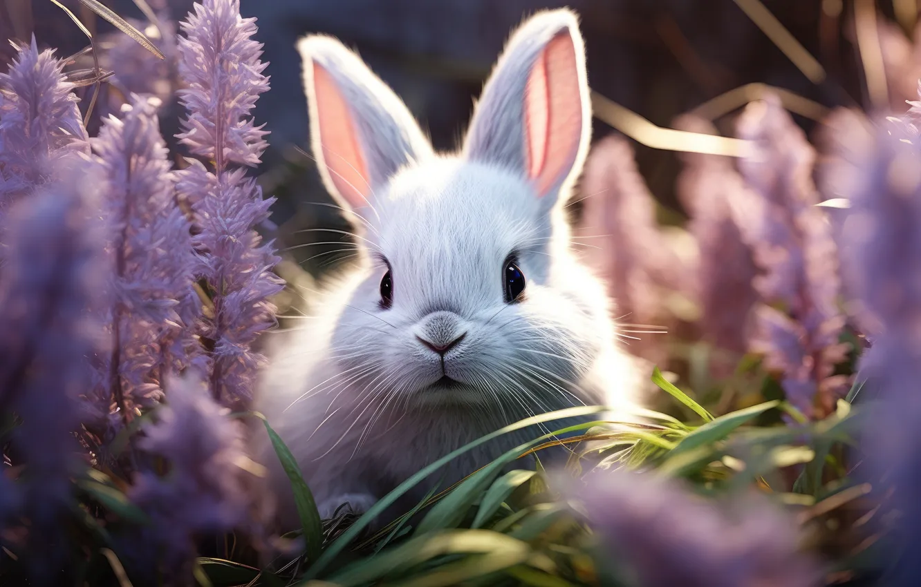 Photo wallpaper white, flowers, rabbit, Bunny, AI art, neural network