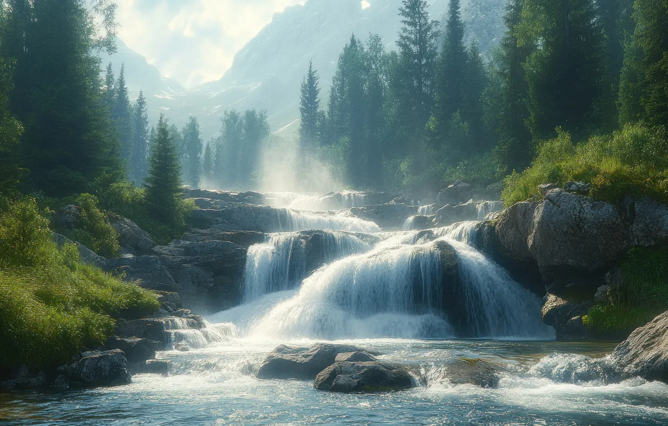 Photo wallpaper forest, light, trees, mountains, nature, fog, stones, rocks