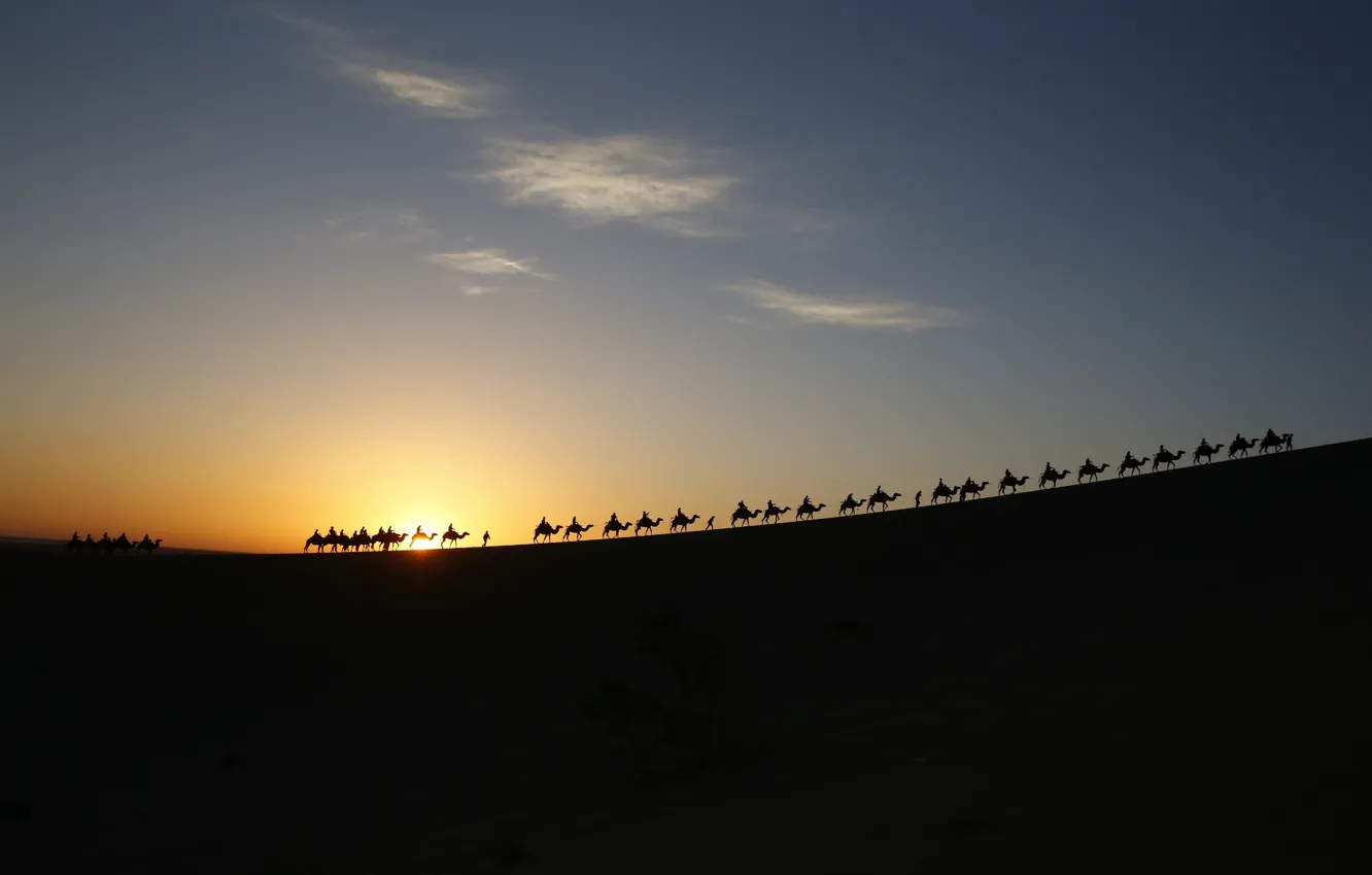 Photo wallpaper the sky, the sun, clouds, people, desert, Caravan, camels