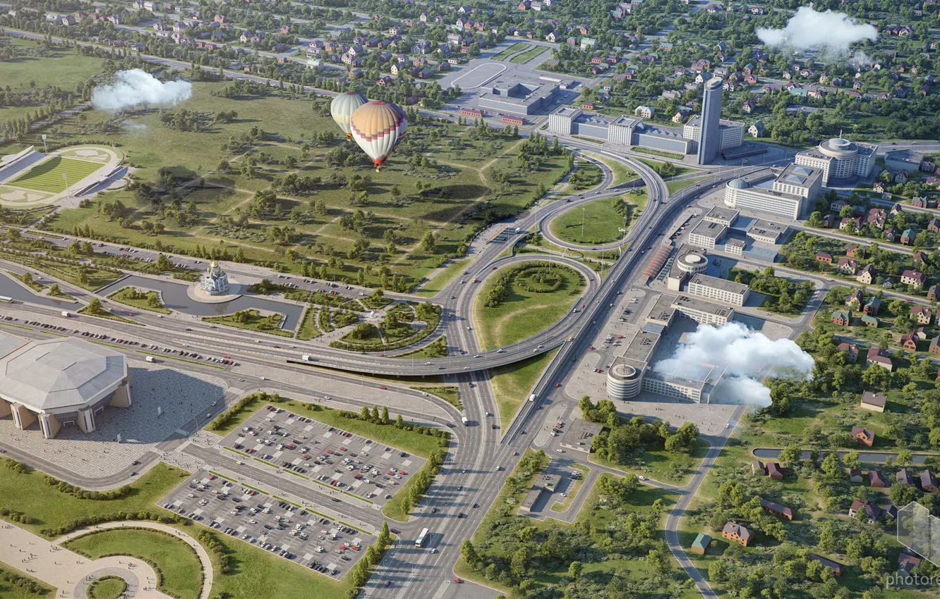 Photo wallpaper road, machine, the sky, clouds, the city, balls, height, Krasnodar