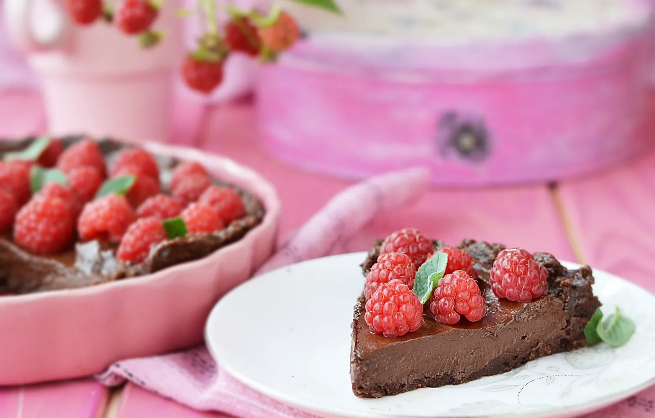 Photo wallpaper raspberry, chocolate, souffle, piece of cake