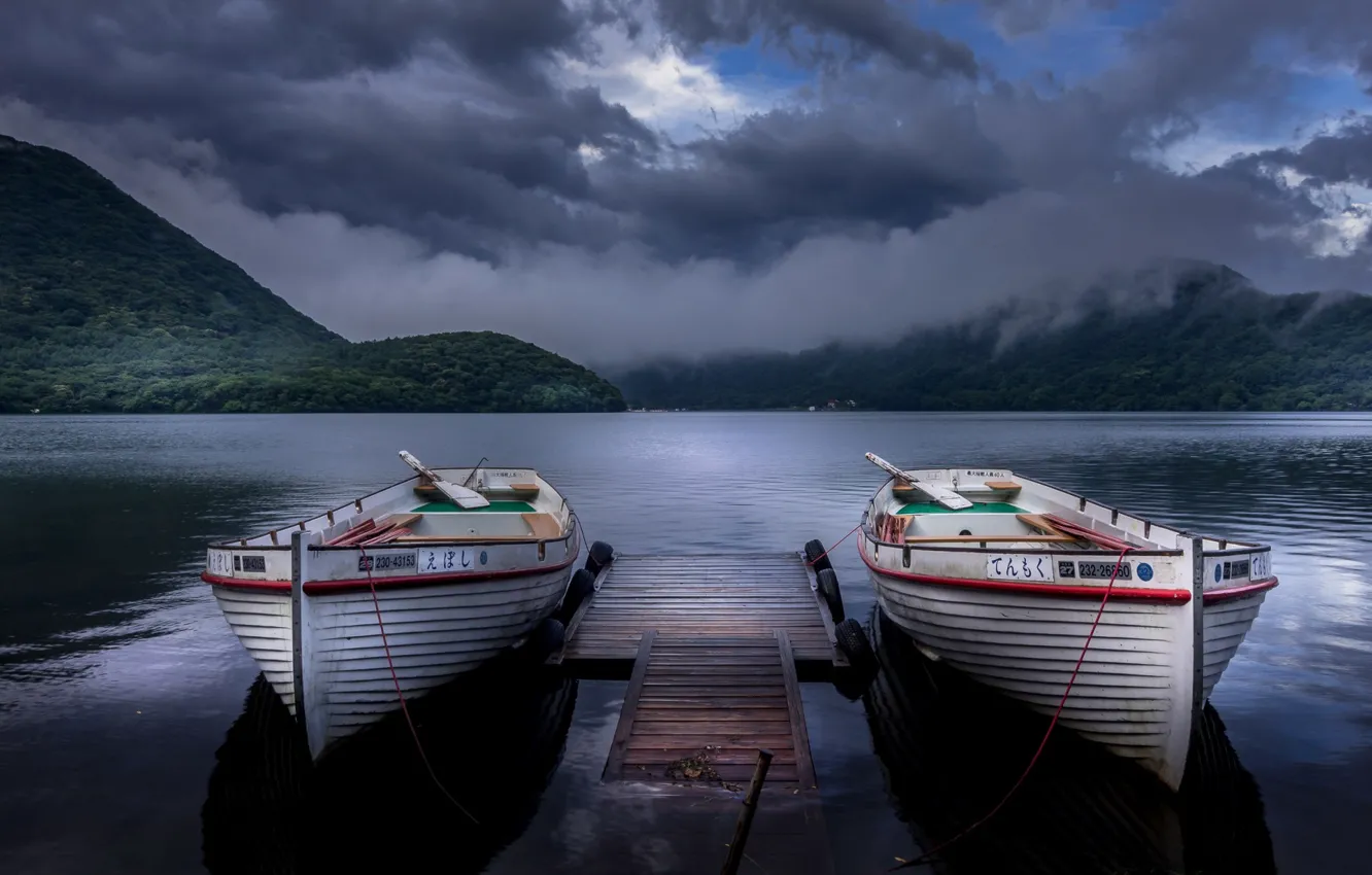 Photo wallpaper lake, boat, the evening, Lake Haruna, Takasaki
