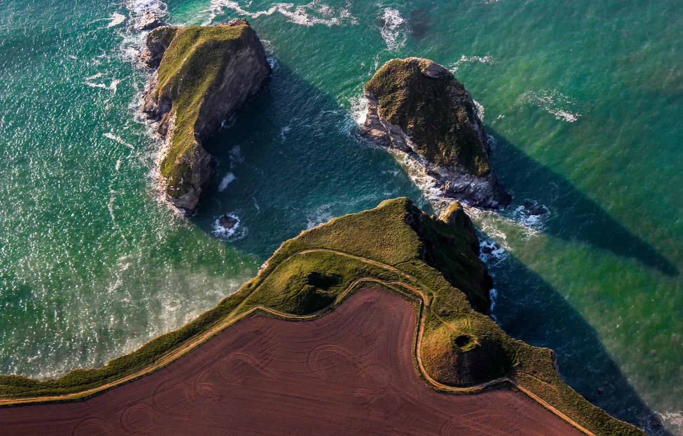 Photo wallpaper road, sea, field, rocks, The view from the top