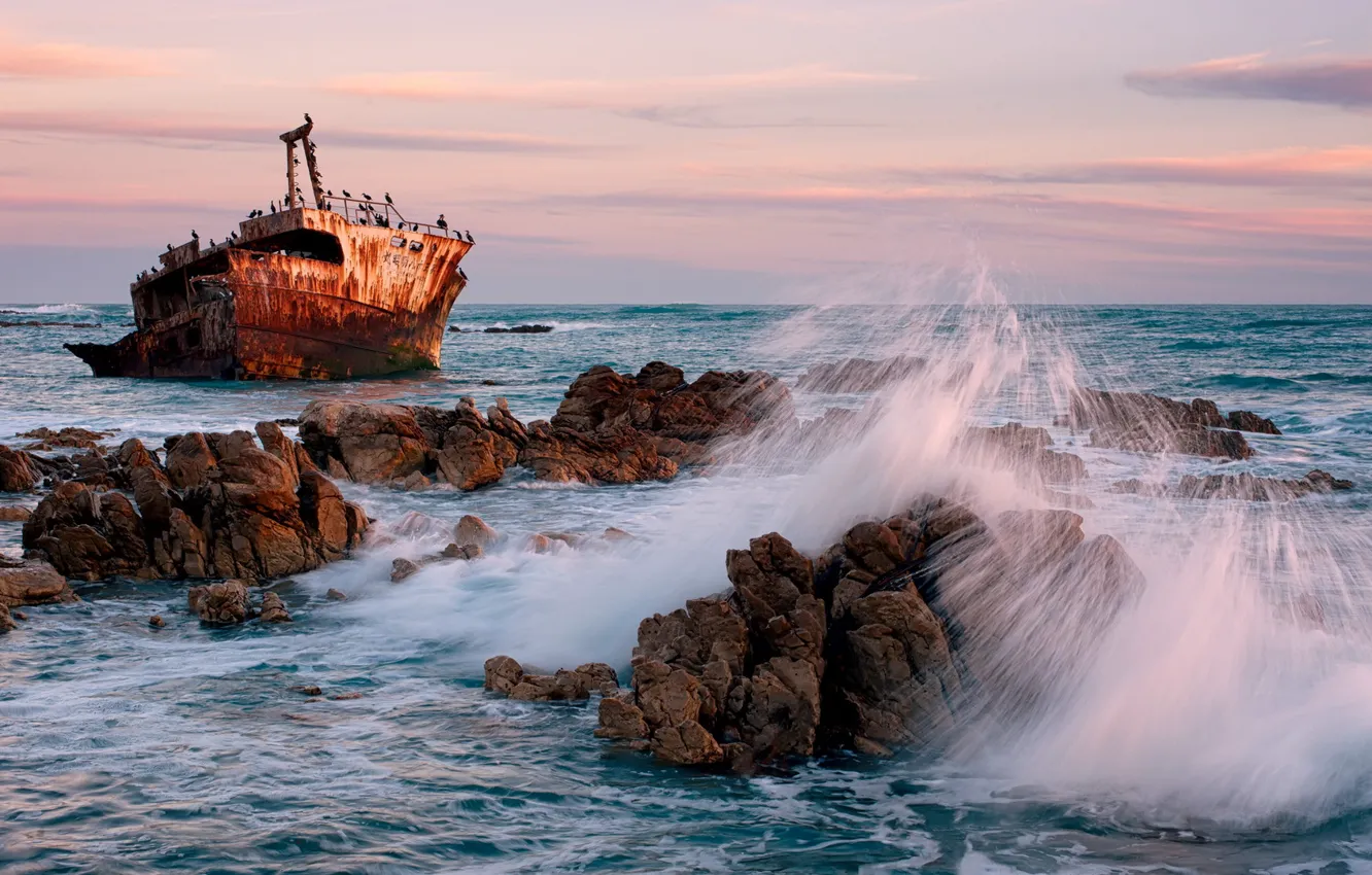 Photo wallpaper sea, wave, landscape, sunset, rocks, ship