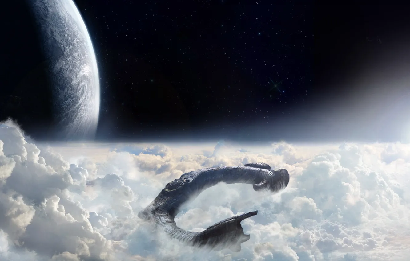 Photo wallpaper the sky, stars, clouds, light, ship, planet, Prometheus