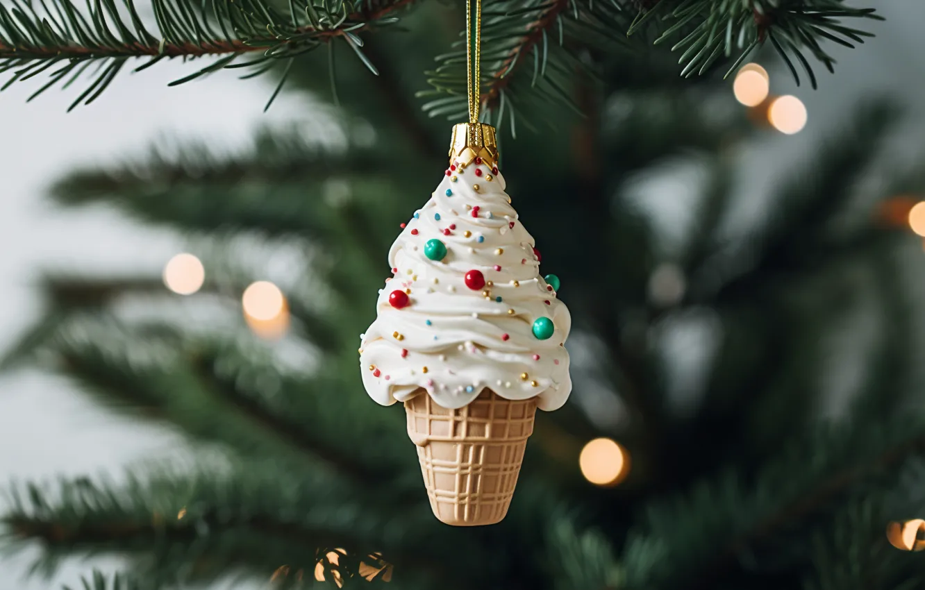 Photo wallpaper branches, toy, new year, Christmas, ice cream, needles, bokeh, Christmas decorations