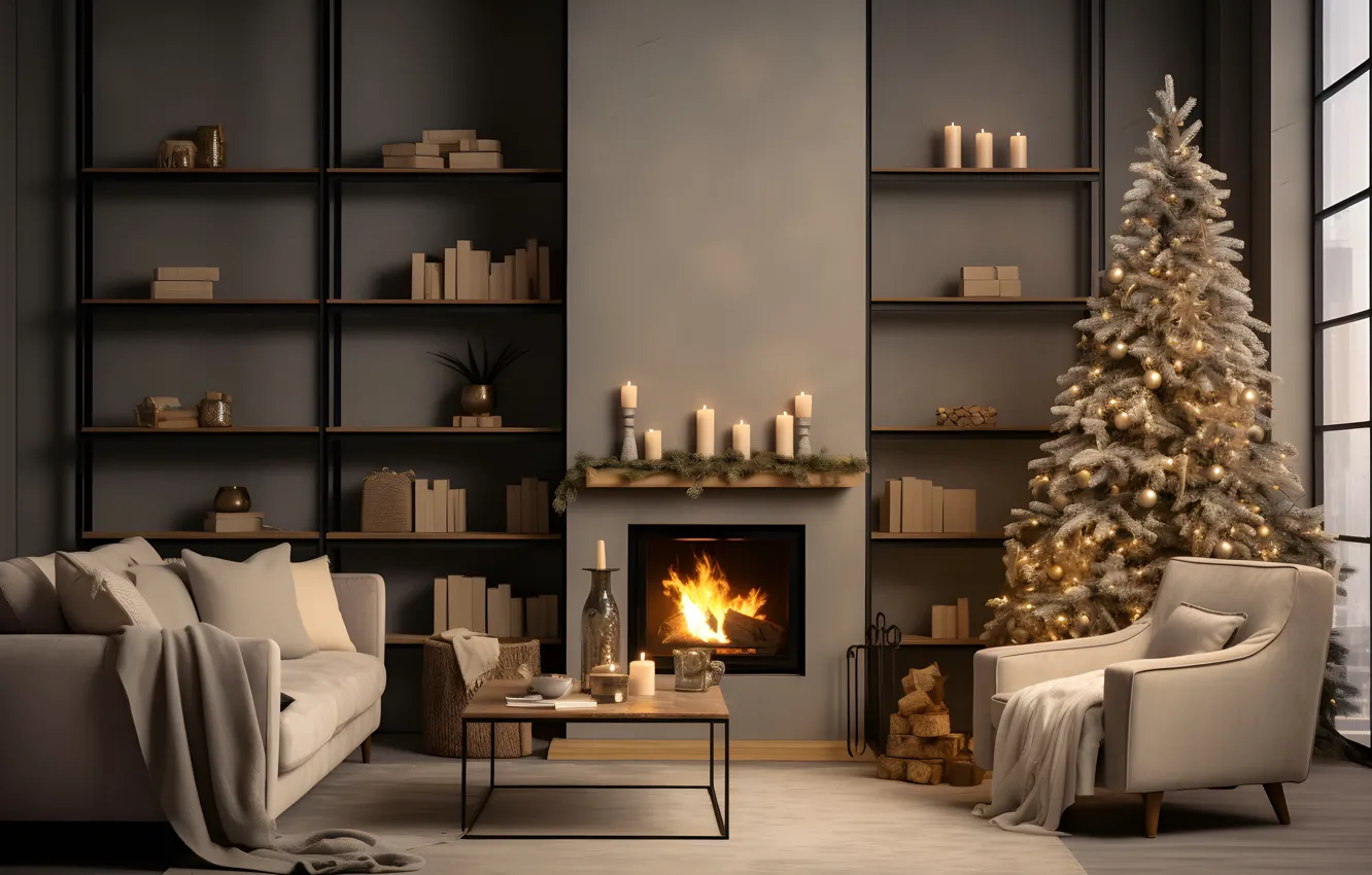 Photo wallpaper decoration, room, gift, balls, tree, new year, interior, Christmas