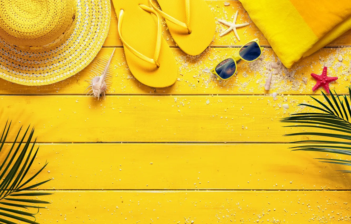 Photo wallpaper beach, summer, stars, vacation, hat, shell, summer, beach