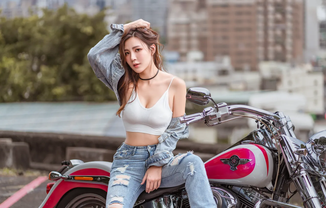 Photo wallpaper summer, look, girl, jeans, motorcycle, Asian