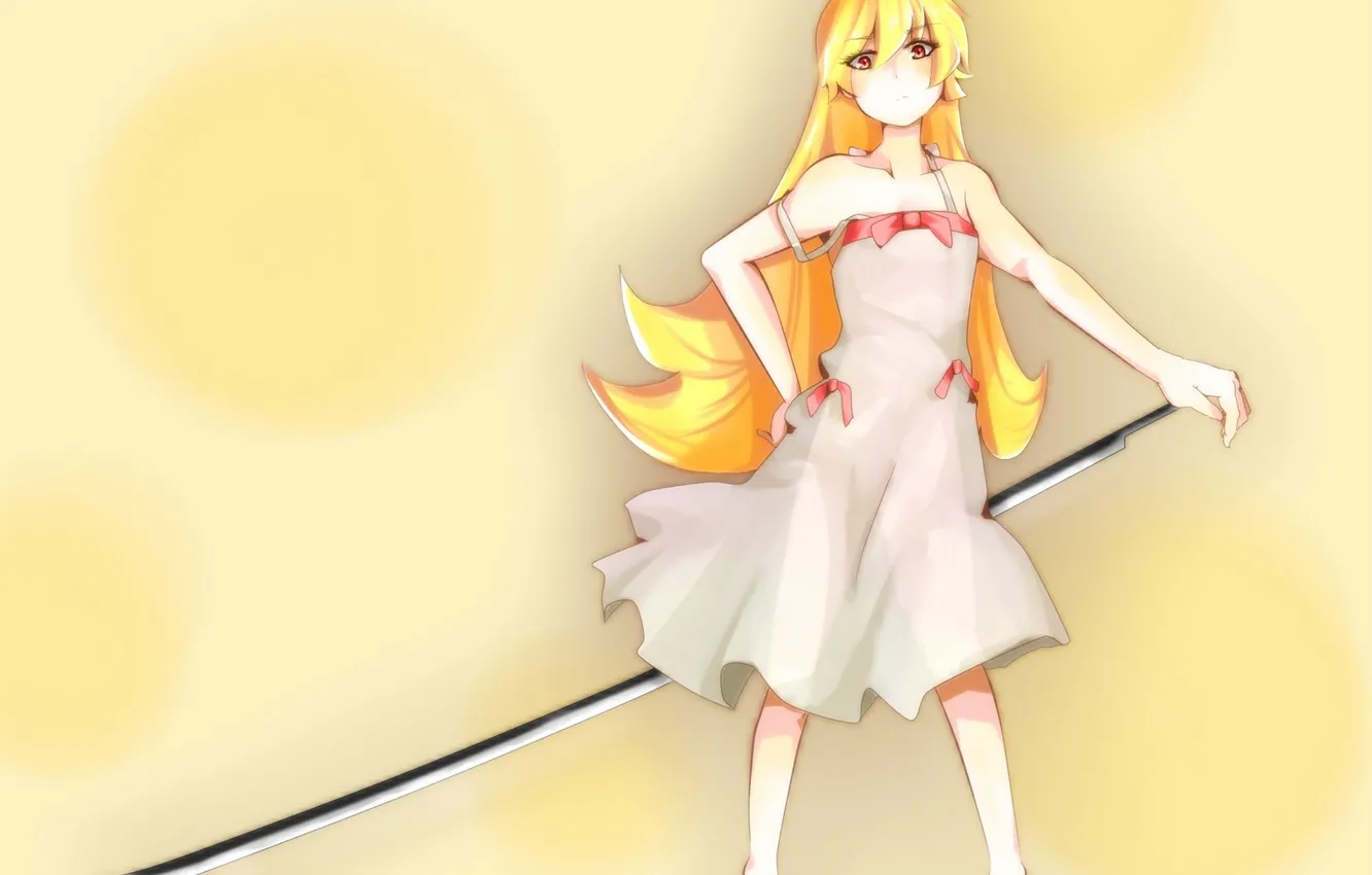 Photo wallpaper look, girl, weapons, background, surprise, art, bakemonogatari, oshino shinobu