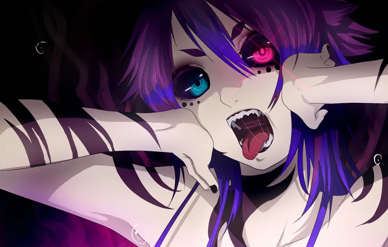 Photo wallpaper girl, mouth, art, fangs, Creek, different eyes