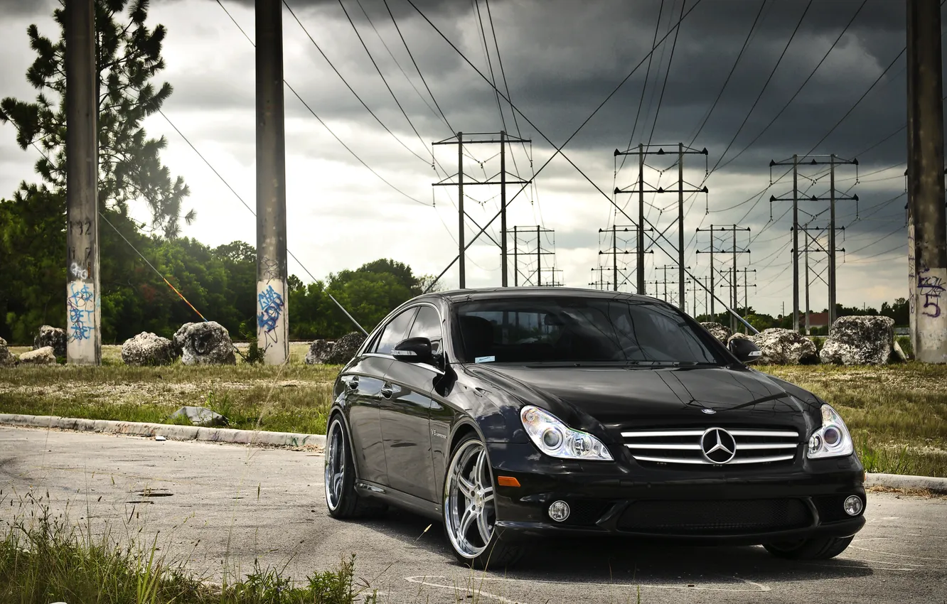 Photo wallpaper the sky, clouds, black, Mercedes, black, Mercedes, High voltage pillars