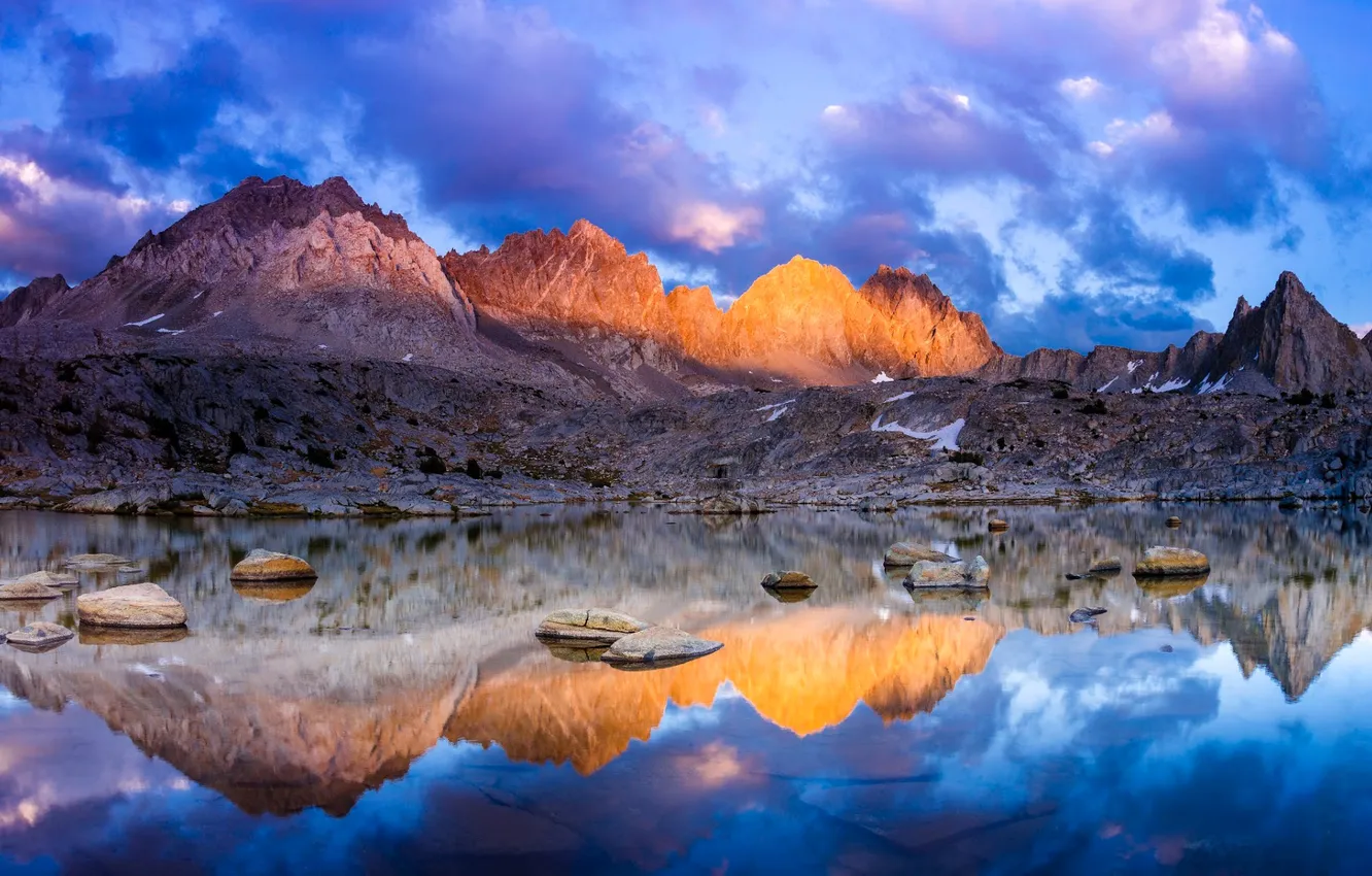 Photo wallpaper the sky, sunset, mountains, lake, reflection