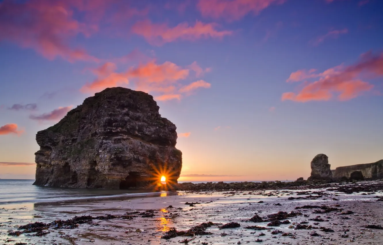 Photo wallpaper sea, sunset, rocks