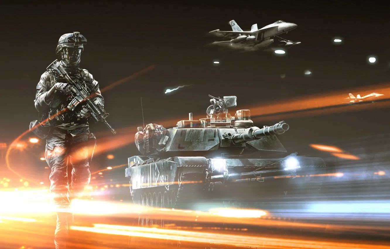 Photo wallpaper soldiers, tank, battlefield, the plane, Battlefield 3