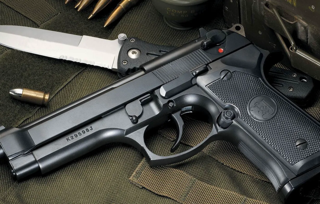 Photo wallpaper gun, knife, cartridges, beret