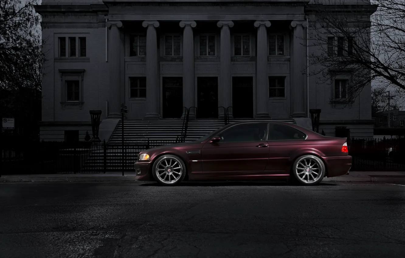 Photo wallpaper the building, bmw, BMW, profile, columns, Burgundy, e46, claret