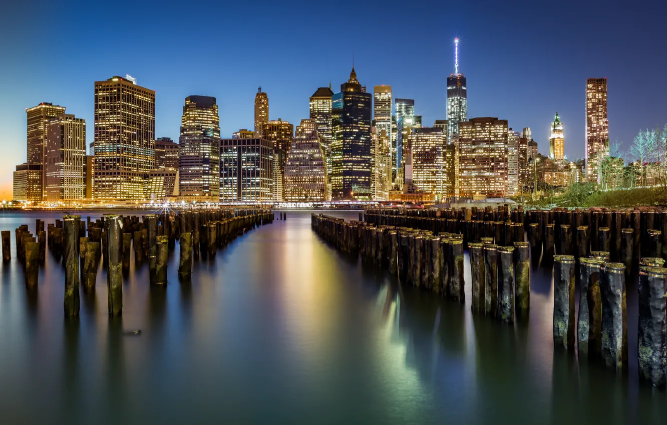 Photo wallpaper city, lights, USA, night, New York, Manhattan, Brooklyn Bridge, skyscrapers