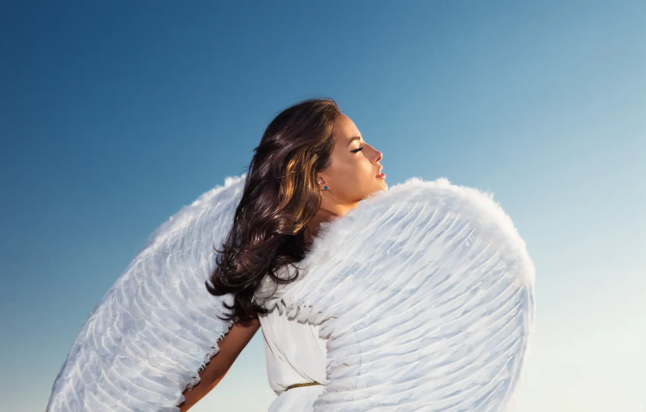Photo wallpaper girl, hair, wings, angel, white dress, blue sky