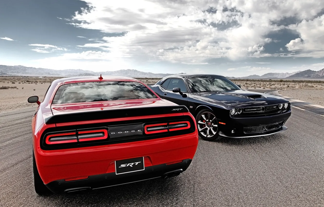 Photo wallpaper road, the sky, clouds, red, black, Dodge, Dodge, Challenger
