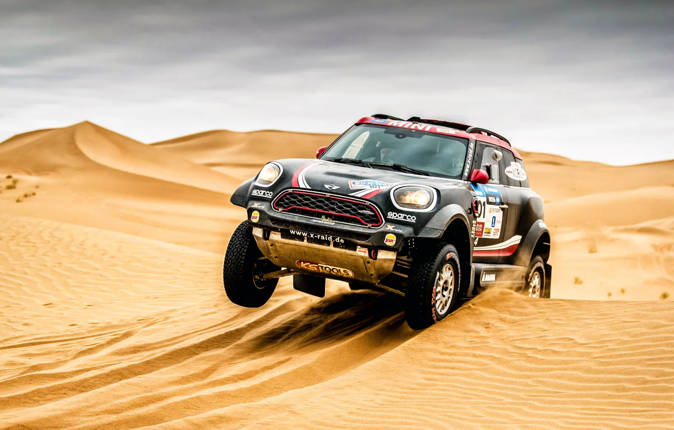 Photo wallpaper sand, race, black, desert, speed, Mini, dunes, SUV