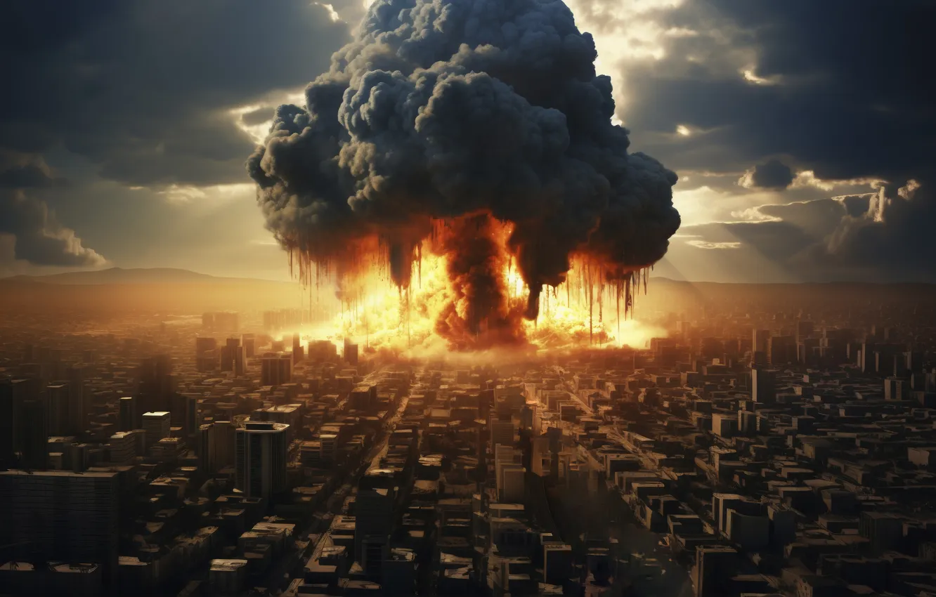 Photo wallpaper Home, The city, Fire, Mushroom, The explosion, Digital art, A nuclear explosion, Destruction