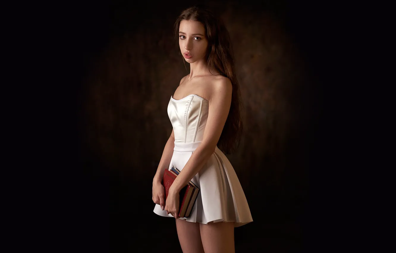 Photo wallpaper girl, dress, legs, book, INGA, miniskirt, short dress, lips sensual